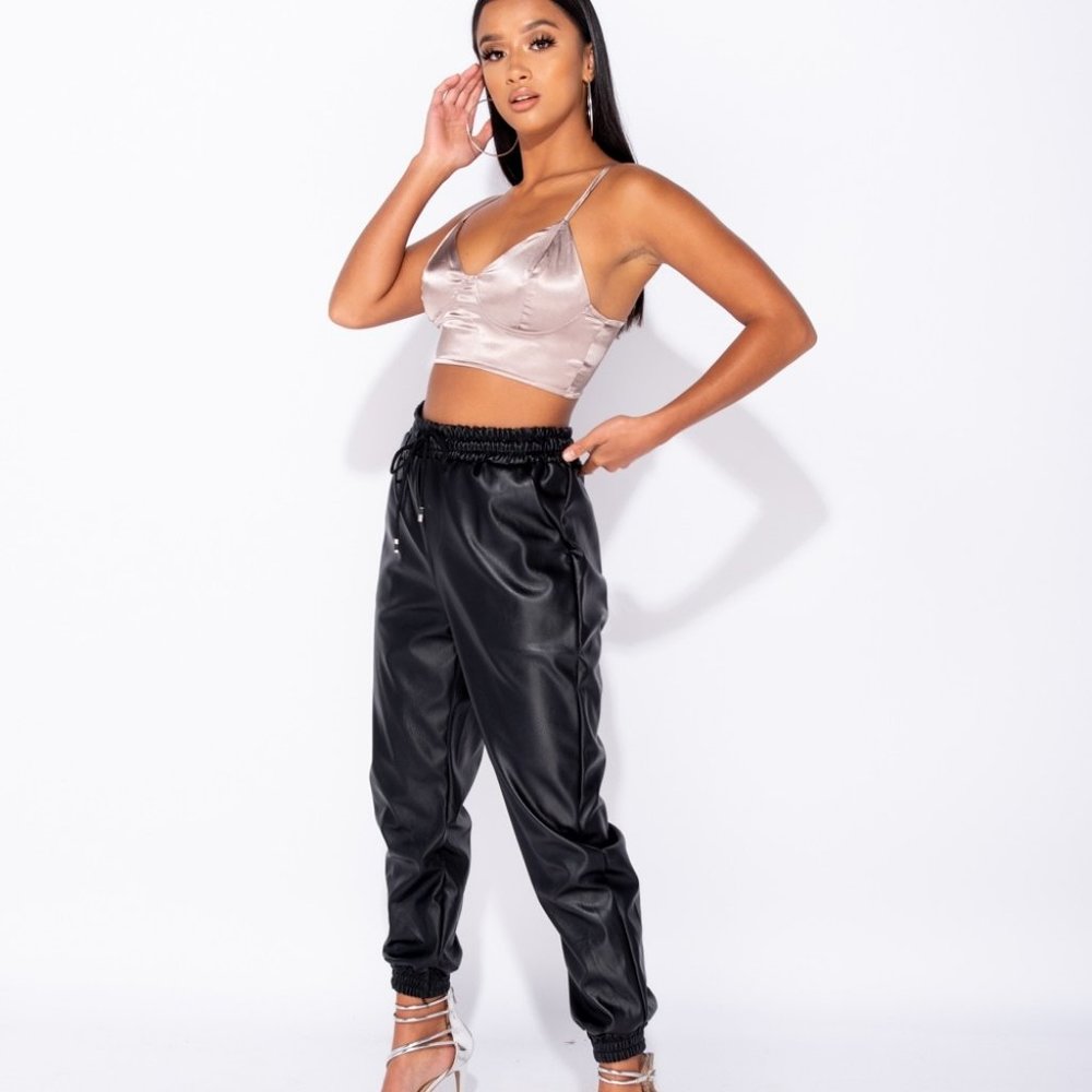 Black Faux Leather Vegan Leather High Waist Loose Fit Joggers Jogger Pants - Picture 4 of 10